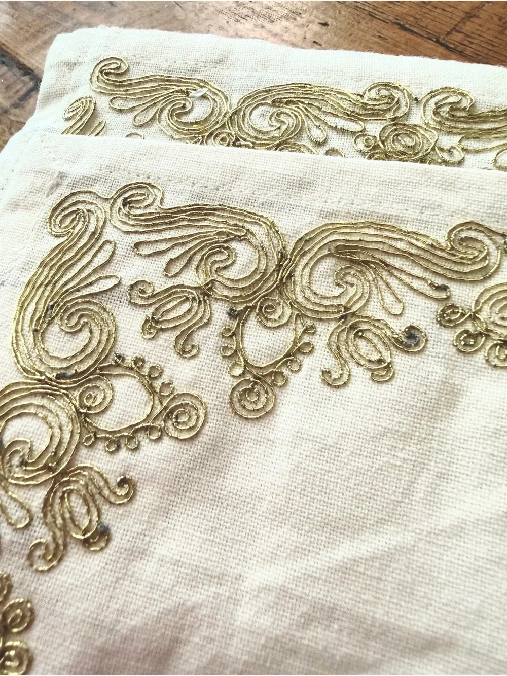 Off White Napkin Set with Gold Scroll Embroidery - 6 Pack